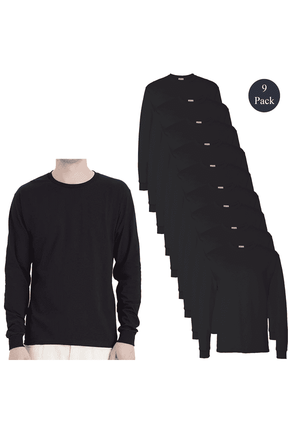 Men's Essential-T Long Sleeve T-Shirt, Crew Neck Classic Fit Durable Tee, Black, 9-Pack, S
