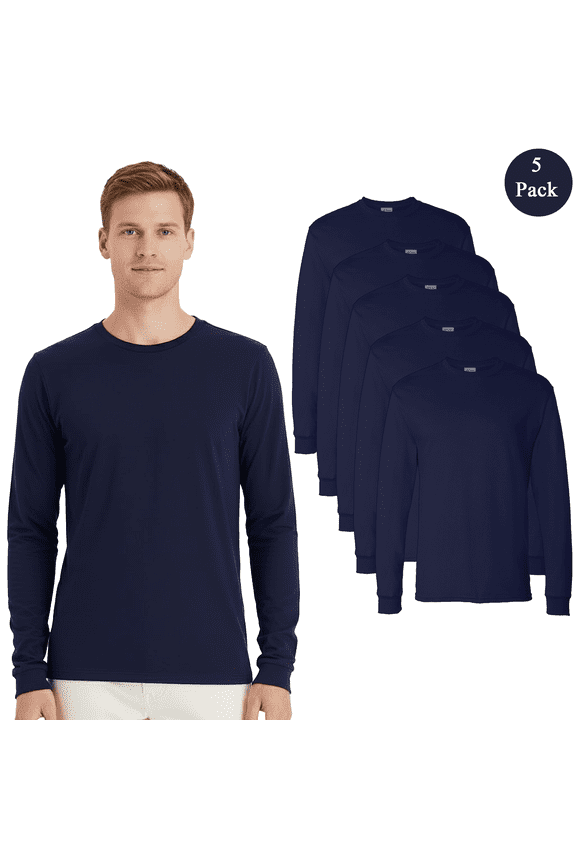 Men's Essential-T Long Sleeve T-Shirt, Crewneck Classic Fit Casual Navy Blank Tee, 5-Pack M