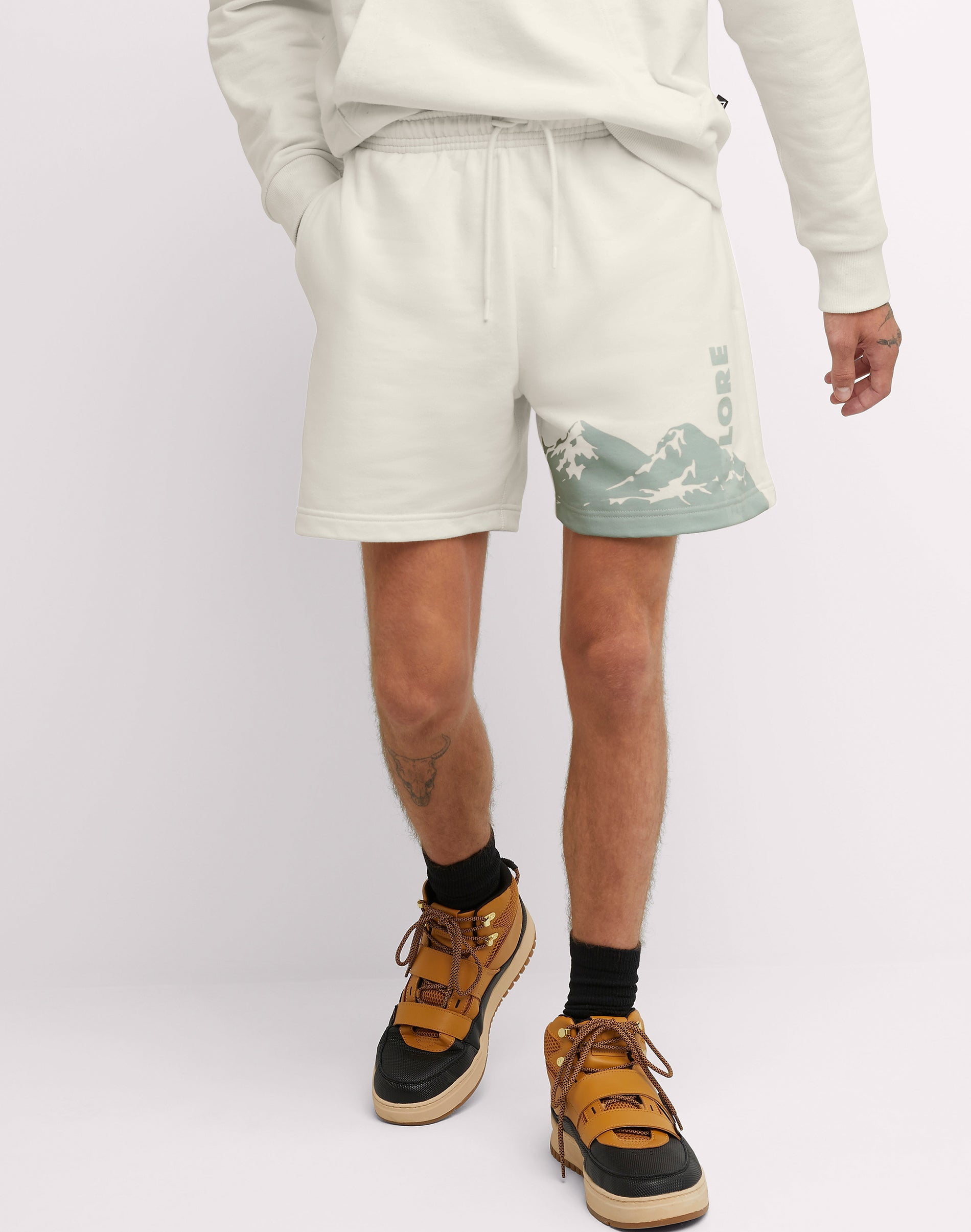Hanes Explorer Unisex French Terry Shorts, Explore Mountains, 6" Natural S