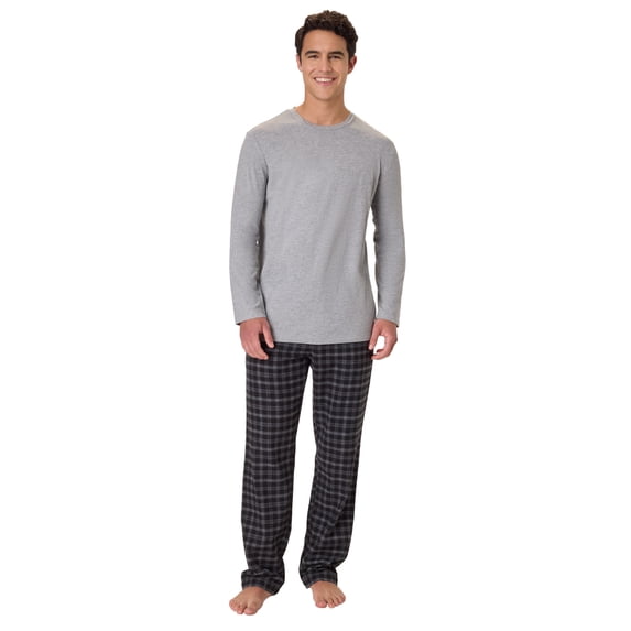 Hanes Men's Flannel Sleep Set, Long Sleeve Top with Plaid Printed Pajama Pants, Grey