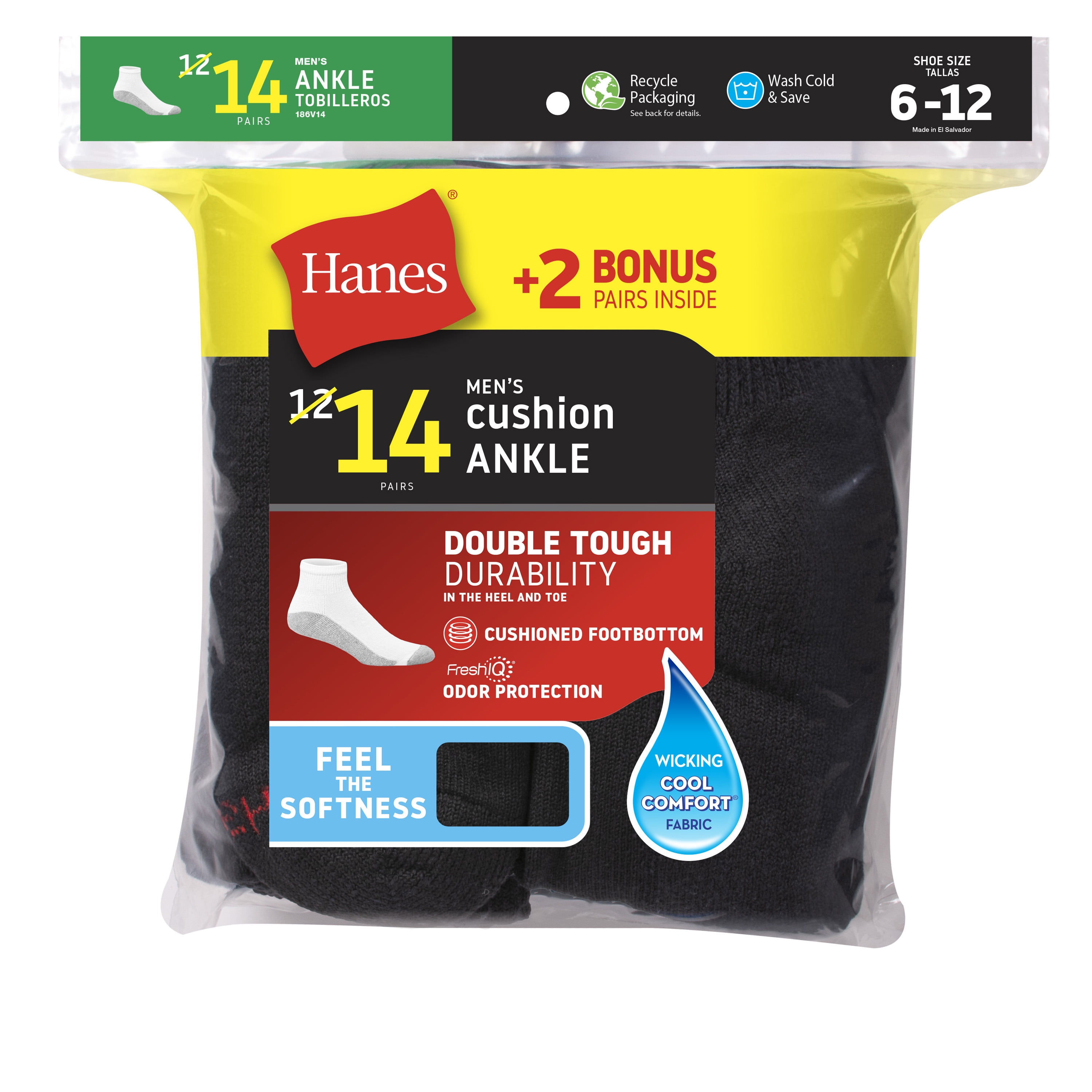 Hanes Men's Fresh IQ Ankle Cushion Socks, 12 + 2 Bonus Pack