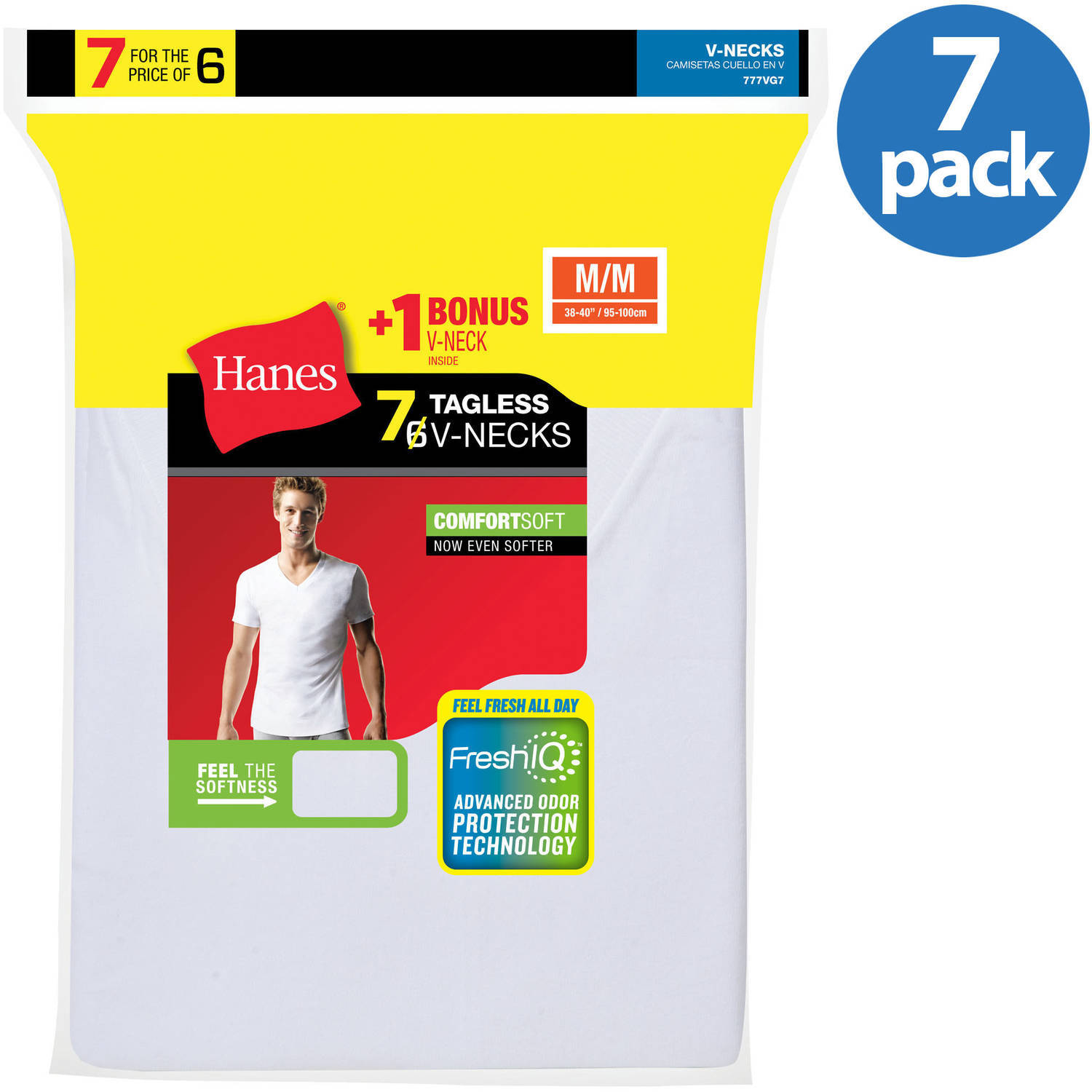 Hanes Men's Fresh IQ White V-Neck T-Shirt 6+1 Free Bonus Pack - image 1 of 6
