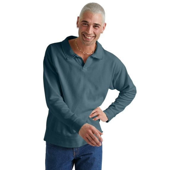 Hanes Men's Garment Dyed Fleece Polo Metallic Teal S