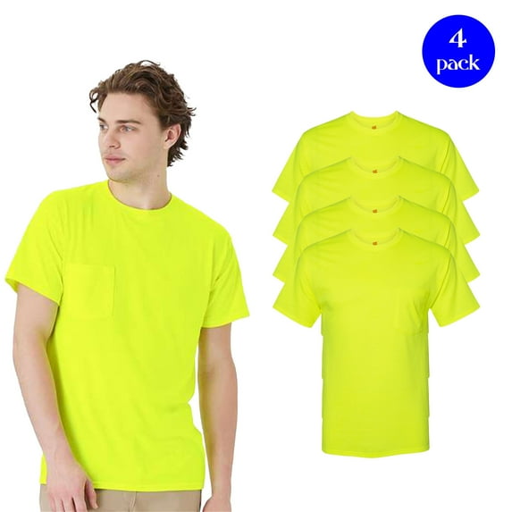 Hanes Men's Hi- Vis Workwear Pocket T-Shirt, Moisture-Wicking Shirt, Safety Green Tee 4 Pack, S