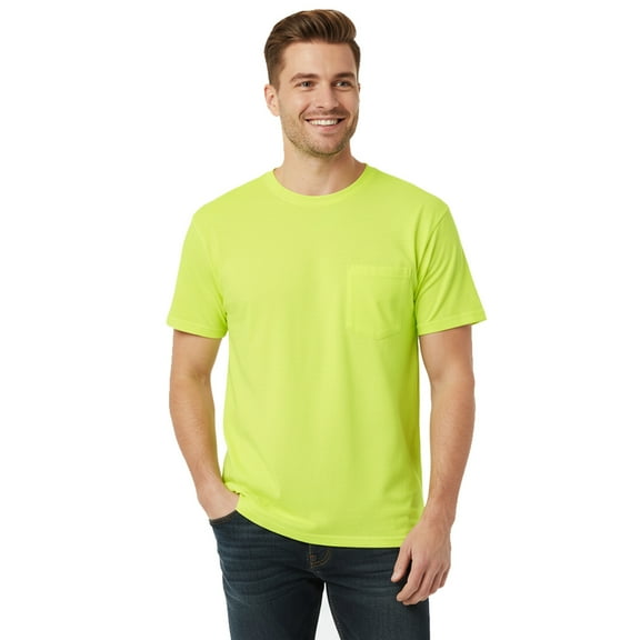 Hanes Men's Hi-Vis Workwear Pocket T-Shirt, Short Sleeve Work Tee, Durable, Safety Green, S