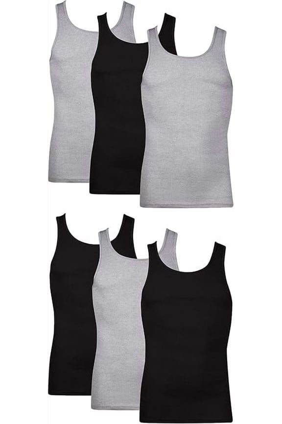 Men's Lightweight Cotton Moisture-Wicking Tank Undershirts, Black & Grey, 6-Pack, Size: 3X-Large
