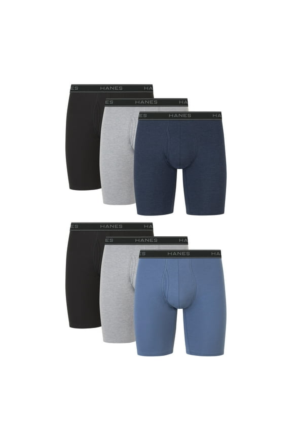 Men’s Long Leg Boxer Brief Underwear Pack, Cotton Stretch, Assorted, 6-Pack