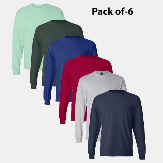 Hanes Men's Long Sleeve Beefy-T Shirt | Assorted Crewneck, Casual Long T-Shirt - Mix Color 6 Pack M Size Tee, 100% Cotton