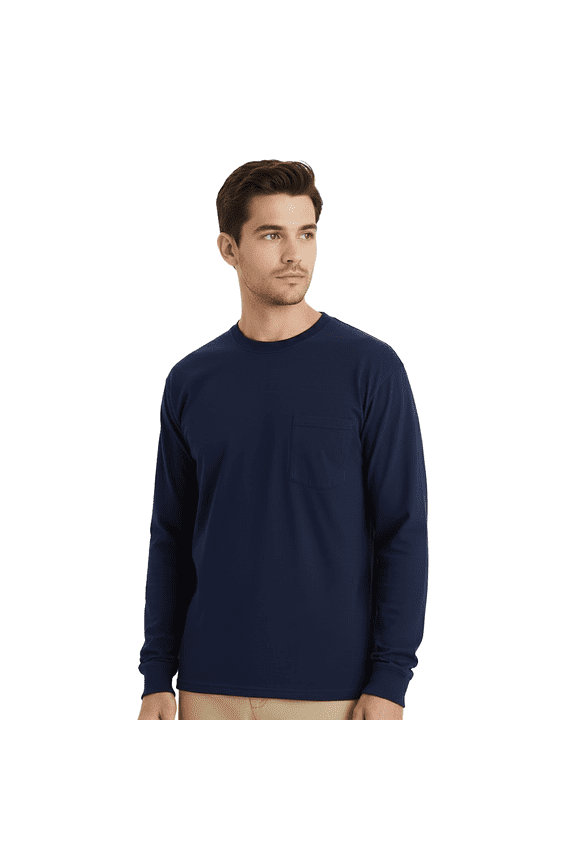 Men's Long Sleeve Pocket T-Shirt, Soft Durable Crewneck Tee for Casual Wear, Navy, XL