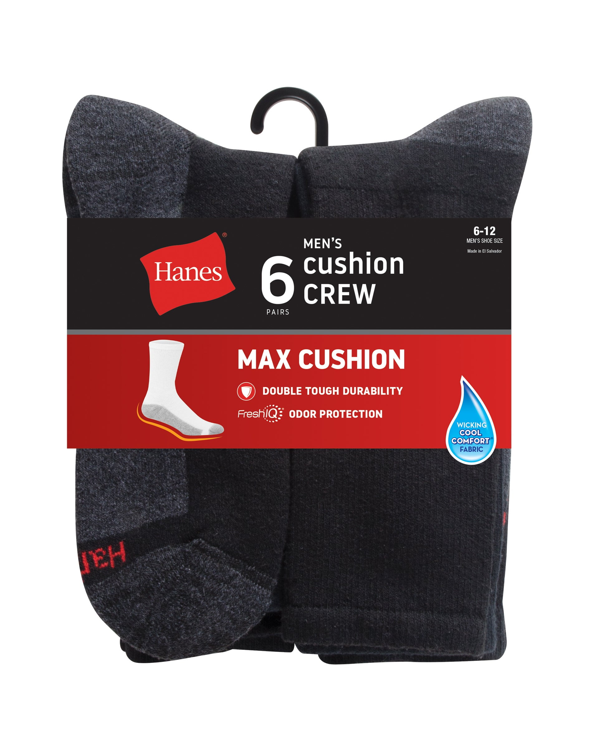 Hanes 6-Pack Men's Max Cushion Crew Socks with FreshIQ, Cool
