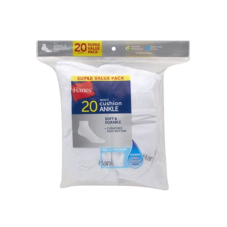 Hanes Men's 20 Pairs Moisture-Wicking Ankle Socks- White
