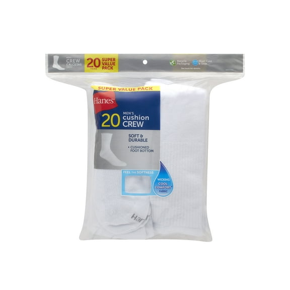 Hanes Men's 20 Pairs Moisture-Wicking Crew Socks- White
