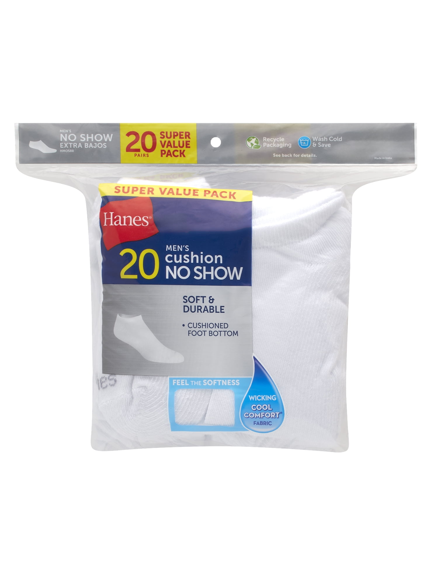 Hanes Men's 20 Pairs Moisture-Wicking No Show Socks- White