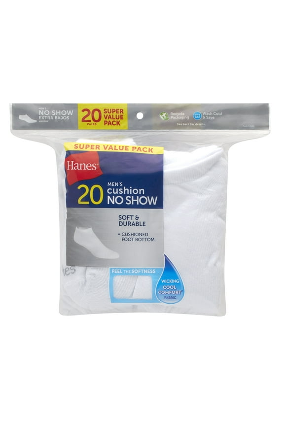 Men's Moisture-Wicking No-Show Socks, 20-Pairs, Sizes 6-12, White