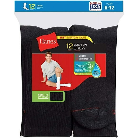 Hanes Men's Nylon Cushion Crew Socks, Black (12)