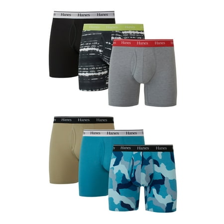Hanes Originals Men’s Boxer Briefs, Moisture-Wicking Stretch Cotton, Blues, 6-Pack