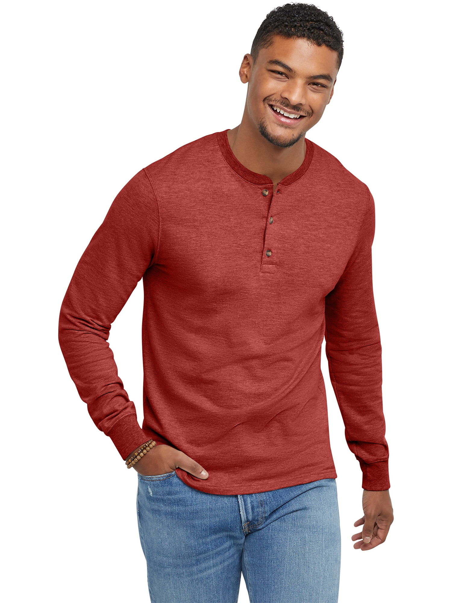 4-rth Mens Vintage-Stripe Henley Tee in French Terry Loop (Grey Double Stripe)