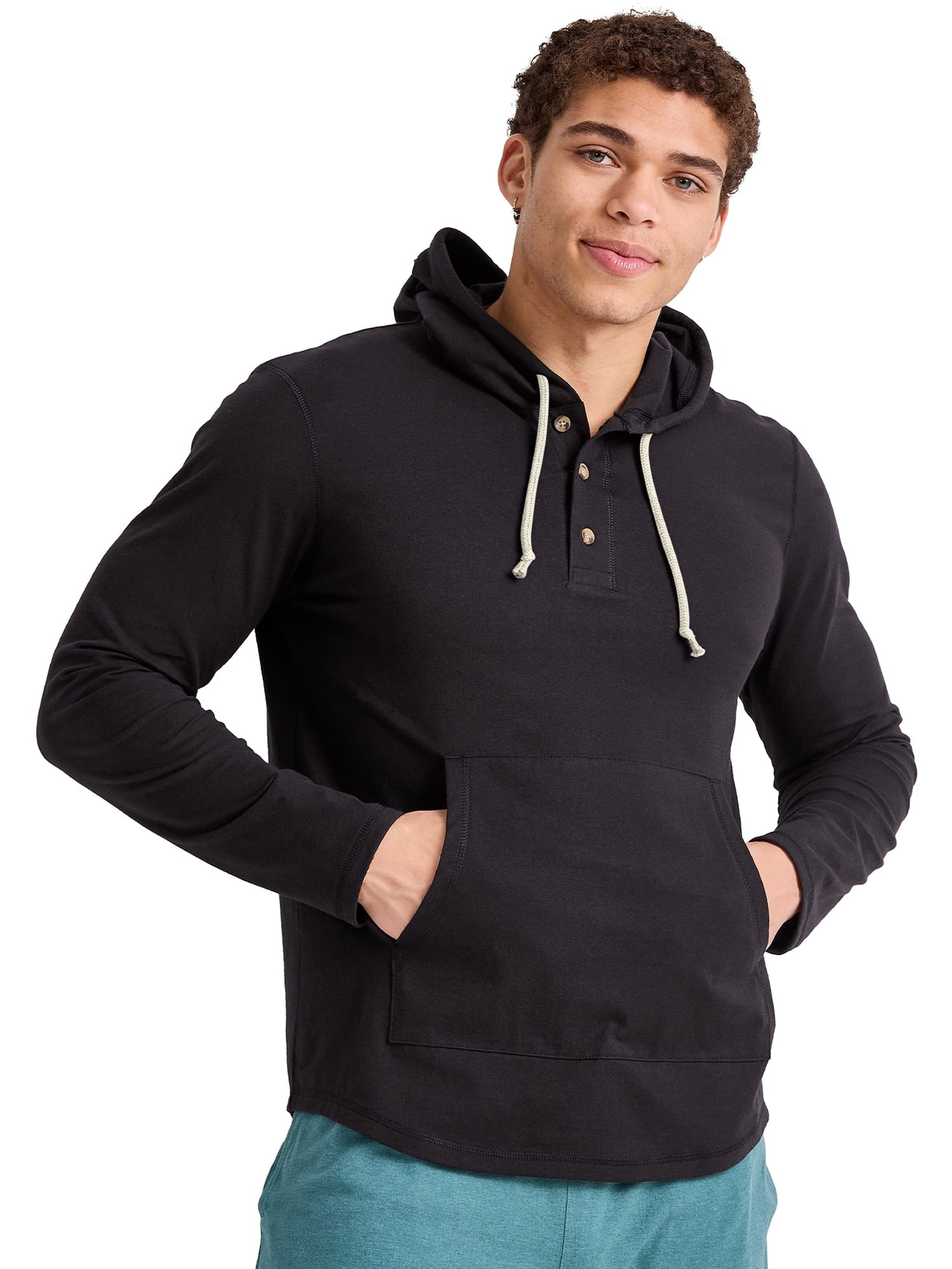 Hanes Men s Originals Lightweight Hooded Sweatshirt with Henley Collar Sizes S 3XL