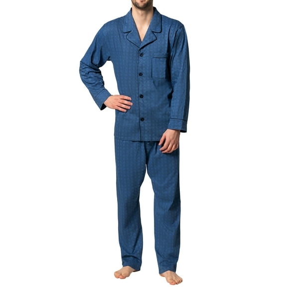 Hanes Men's Pajamas Cotton X-Temp Long Sleeve Shirt & Pants Knit Pjs Lounge Set - Blue Yonder (Large)