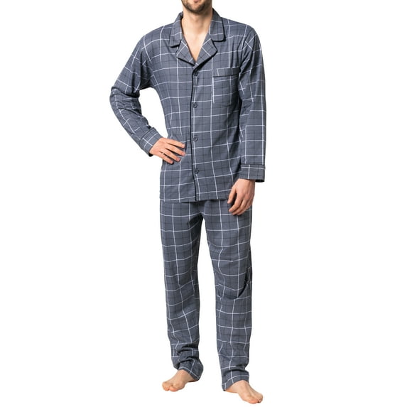 Hanes Men's Pajamas Cotton X-Temp Long Sleeve Shirt & Pants Knit Pjs Lounge Set - Grey Grid (X-Large)