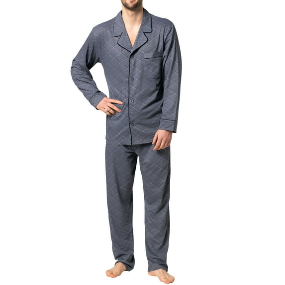 Hanes Men's Pajamas Cotton X-Temp Long Sleeve Shirt & Pants Knit Pjs Lounge Set - Grey (Large)