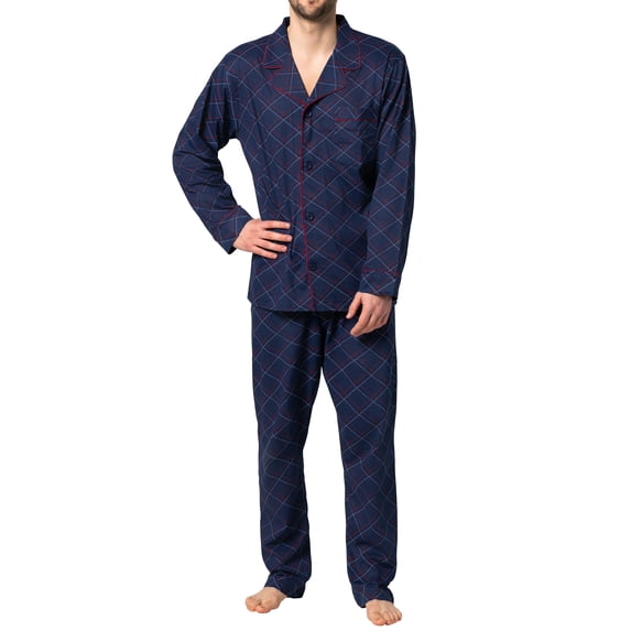 Hanes Men's Pajamas Cotton X-Temp Long Sleeve Shirt & Pants Knit Pjs Lounge Set - Navy (Large)