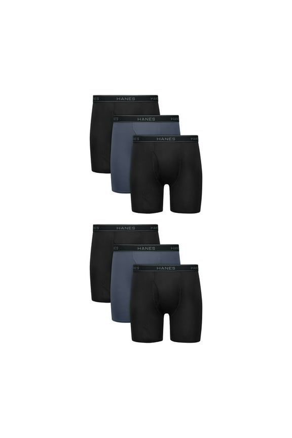 Men’s Performance Boxer Briefs, Stretch, Black/Grey, 6-Pack