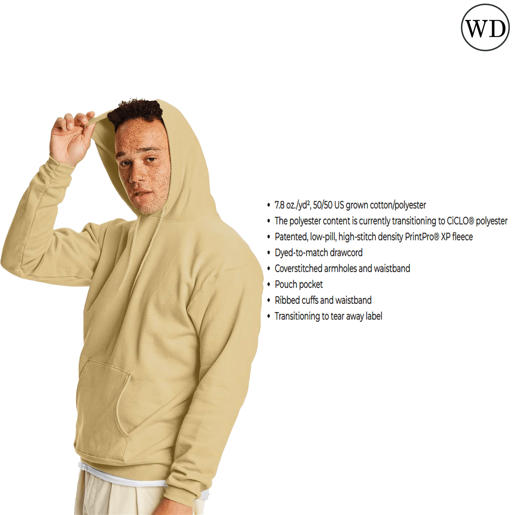 Hanes EcoSmart Men's Hooded Sweatshirt - Sand Color, Large, Cotton/Polyester Fleece, Midweight