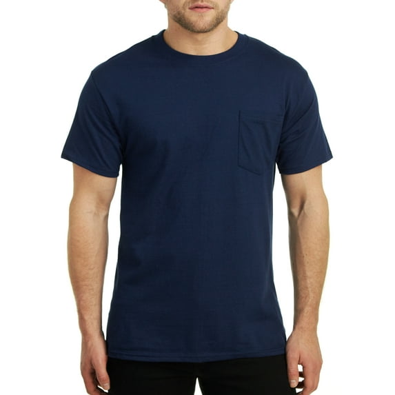 Hanes Men's Short Sleeve Beefy-T Pocket T-Shirts, Navy, Large