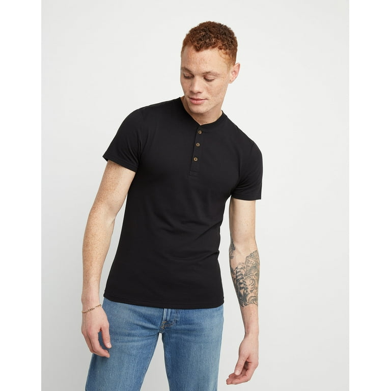 Hanes Men's Short Sleeve Jersey Henley Tee Black L