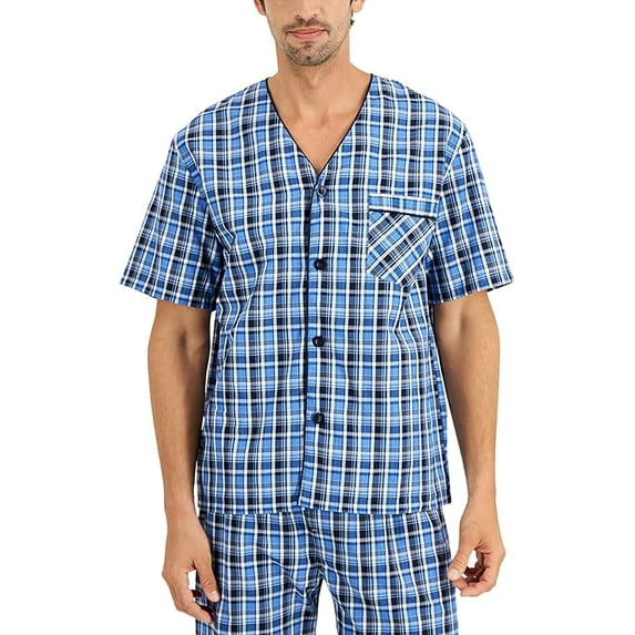 Hanes Men's Short Sleeve Pajama Set, Blue Plaid, Small