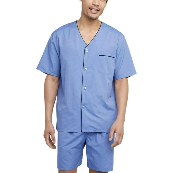 Hanes Men's Short Sleeve Pajama Set, Blue, Small