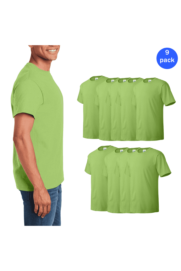 Essential Men's T-Shirt - Lime, Sizes 5XL - 100 Cotton, Short Sleeve Crewneck Tee, 9 Pack