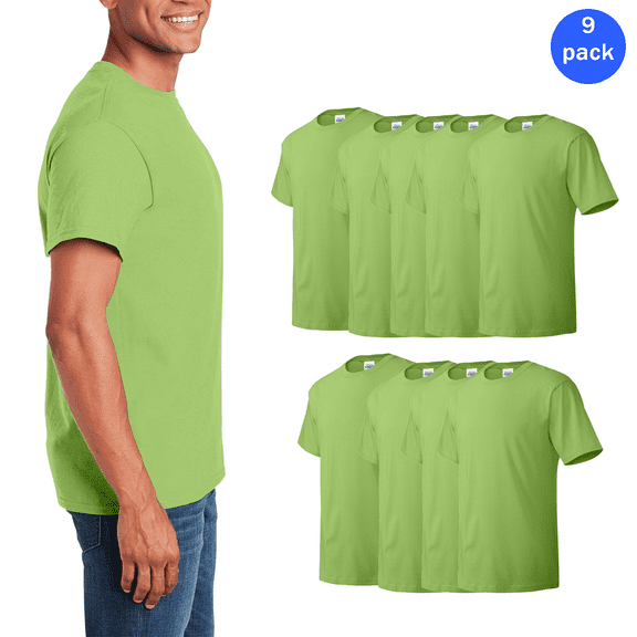 Hanes Essential Men's T-Shirt - Lime, Sizes S - 100 Cotton, Short Sleeve Crewneck Tee, 9 Pack