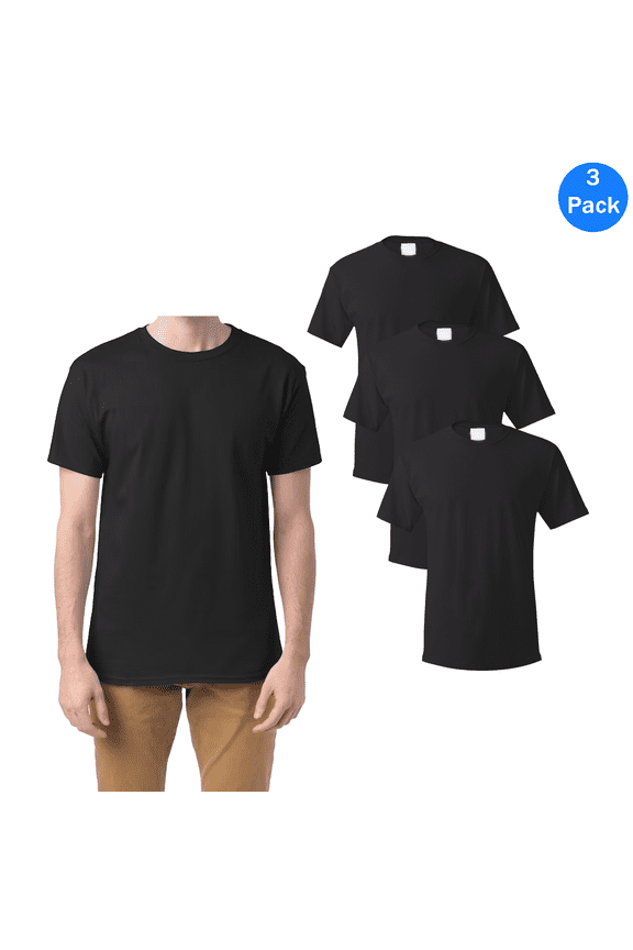 Men's Short Sleeve T-Shirt - Black, Essential Crewneck Classic Fit Tee, 5 Pack, L