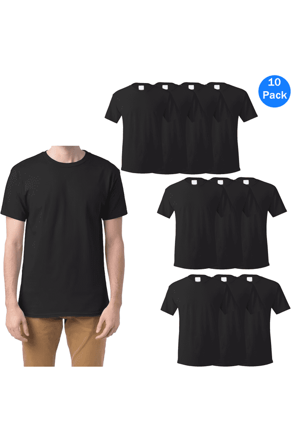 Men's Short Sleeve T-Shirt, Black Tee, Essential Crewneck Classic Fit Tee, 10 Pack, M