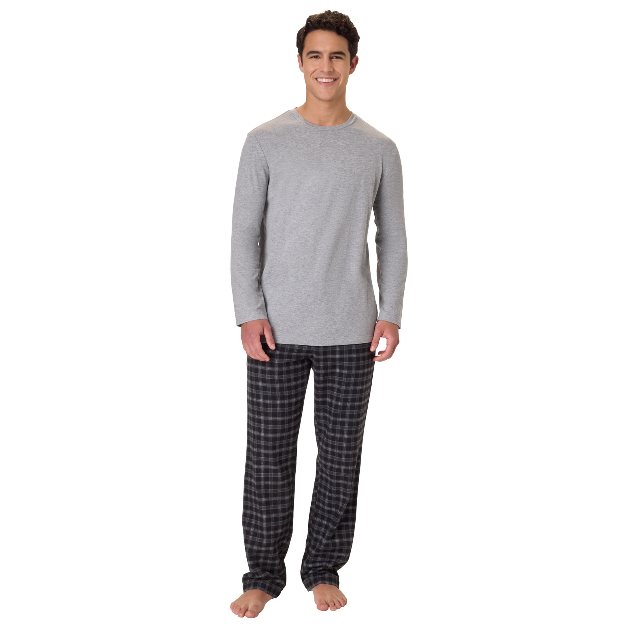 Men's Flannel Sleep Set, Long Sleeve Top with Plaid Printed Pajama Pants, Grey