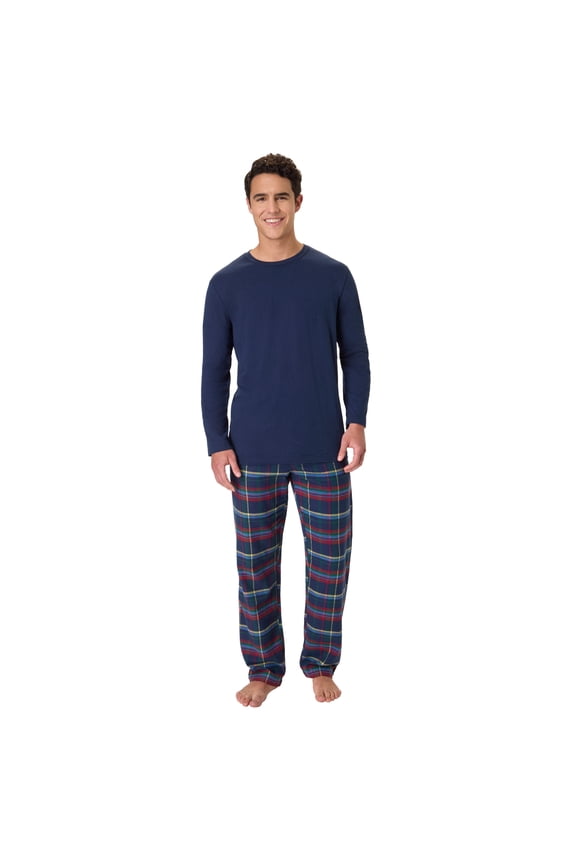 Mens Flannel Sleep Set, Long Sleeve Top with Plaid Printed Pajama Pants, Blue