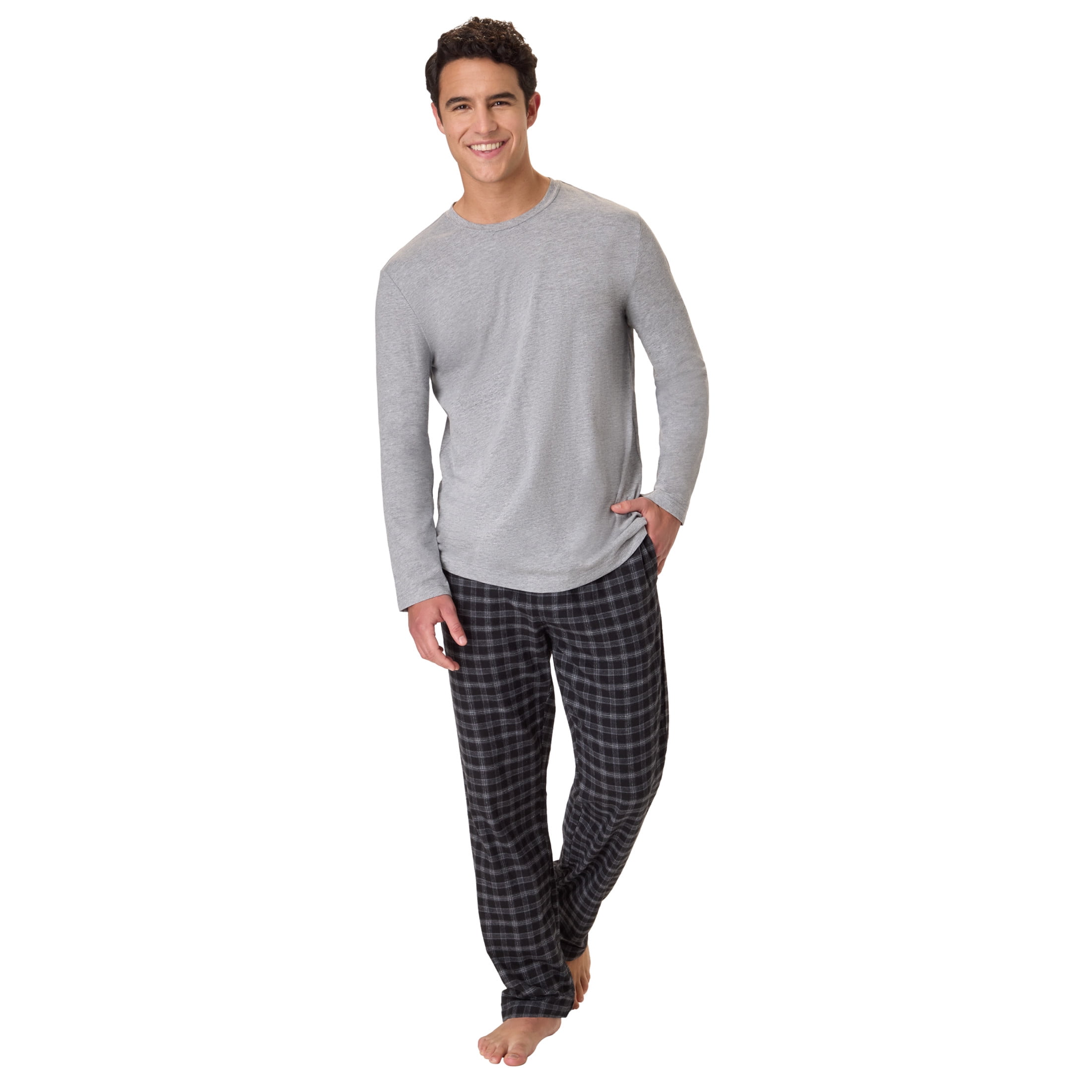 Men's Flannel Sleep Set, Long Sleeve Top with Plaid Printed Pajama Pants, Grey