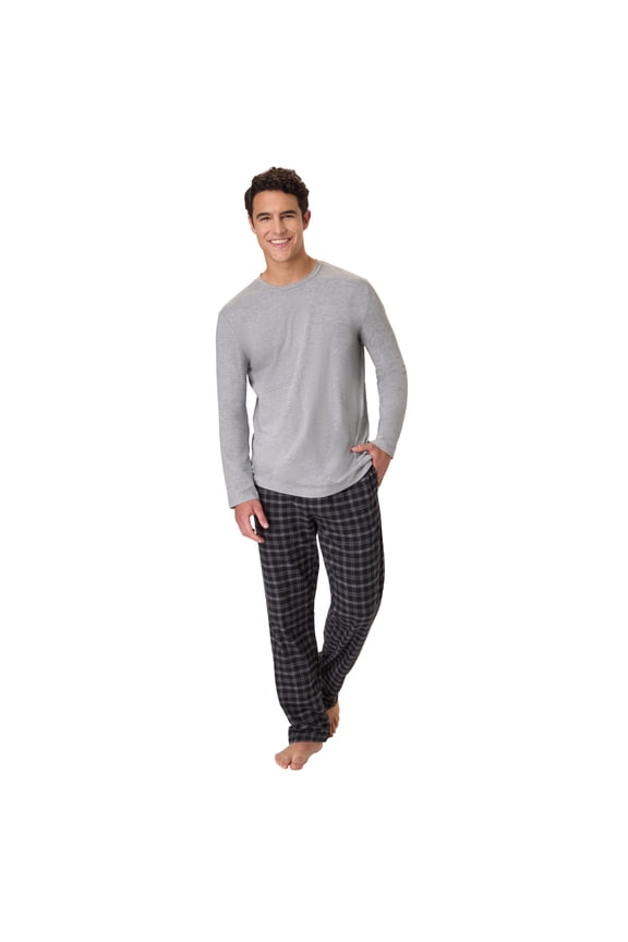 Men's Flannel Sleep Set, Long Sleeve Top with Plaid Printed Pajama Pants, Grey
