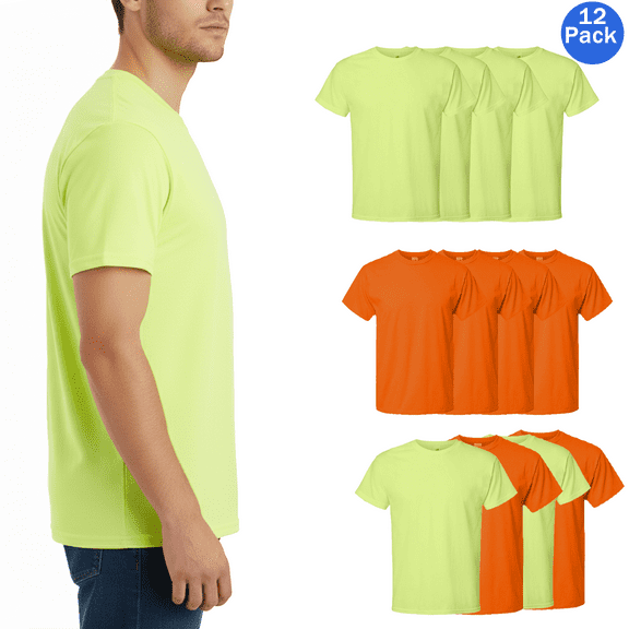 Hanes Men’s T-Shirt, High Vis Cotton/Poly Short Sleeve Safety Orange 12 Pack Bulk Shirt, Sizes S-5XL