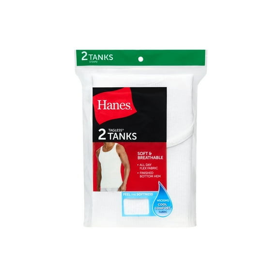 Hanes Men's Tank Undershirt, Cotton, Moisture-Wicking, White, 2-Pack