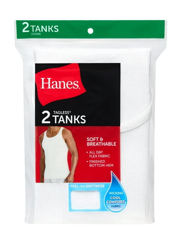 Men's Tank Undershirt, Cotton, Moisture-Wicking, White, 2-Pack