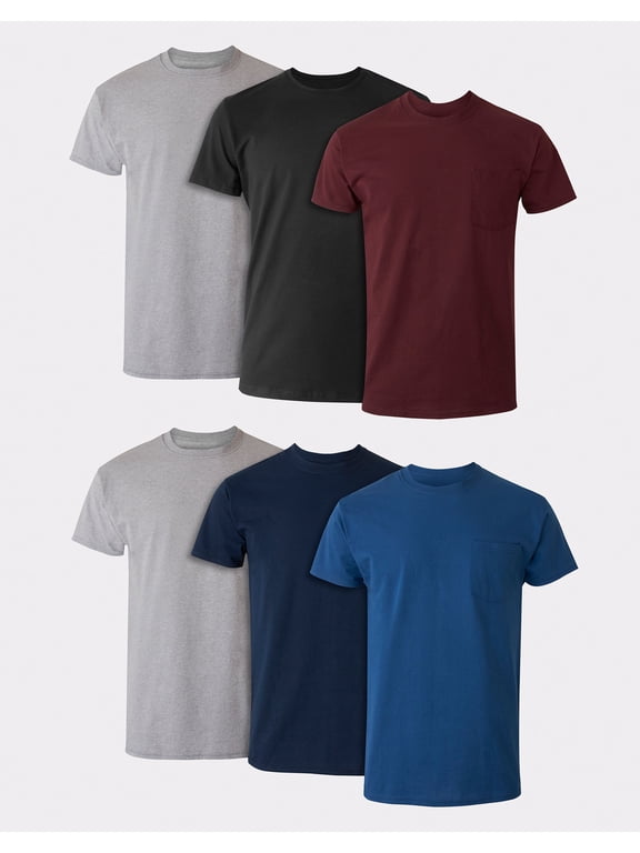 Men's Cotton Pocket T-Shirt, Moisture-Wicking with Odor Control, Assorted Solids, 6-Pack 2XL