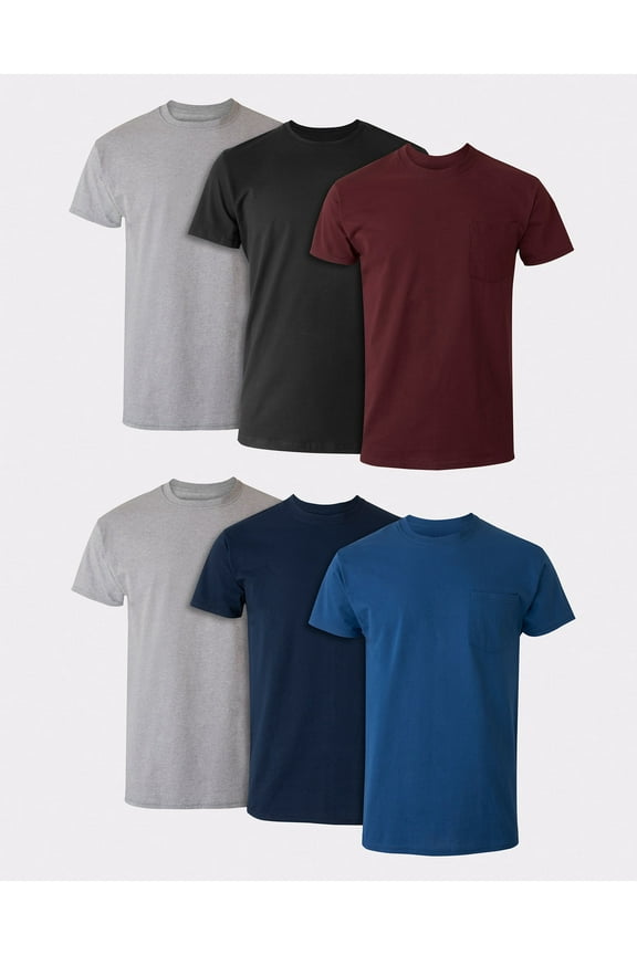 Men's Cotton Pocket T-Shirt, Moisture-Wicking with Odor Control, Assorted Solids, 6-Pack 2XL