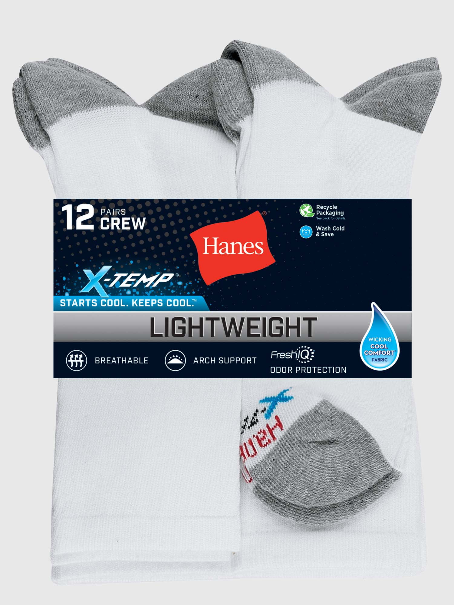 Hanes Men's XTemp Active Cool Lightweight Crew Socks, 12Pack