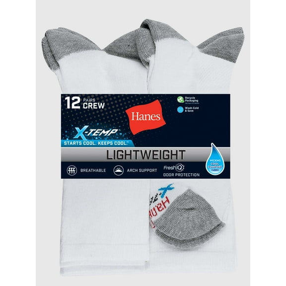 Hanes Men's X-Temp Active Cool Lightweight Crew Socks, 12-Pack