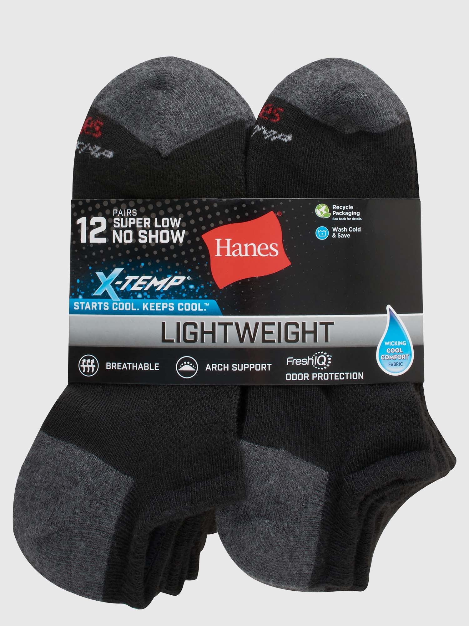 Hanes Men's X-Temp Active Cool Lightweight Super Low No Show Socks,  12-Pack, Size 6-12 