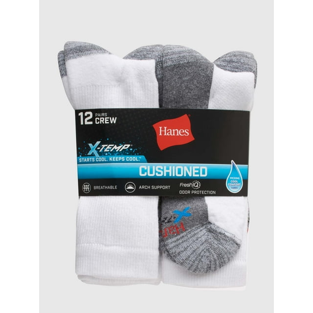 Hanes Men's X-Temp Cushioned with Arch & Vent Crew Socks, 12 Pack ...