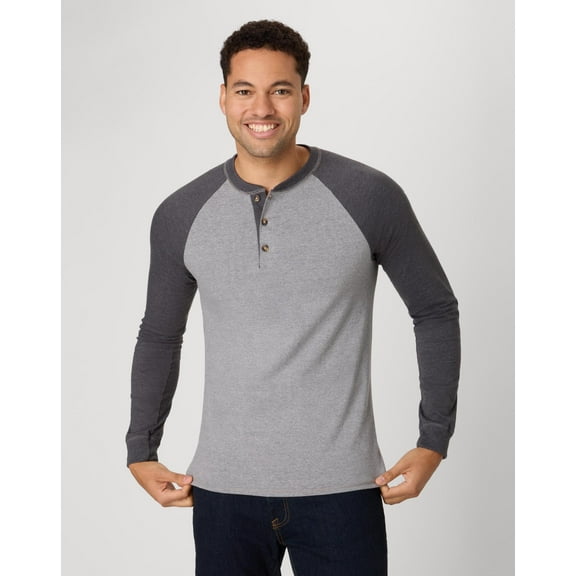 Hanes Beefy-T Men's Long Sleeve Colorblock Henley Oxford Gray/Slate Heather 2XL